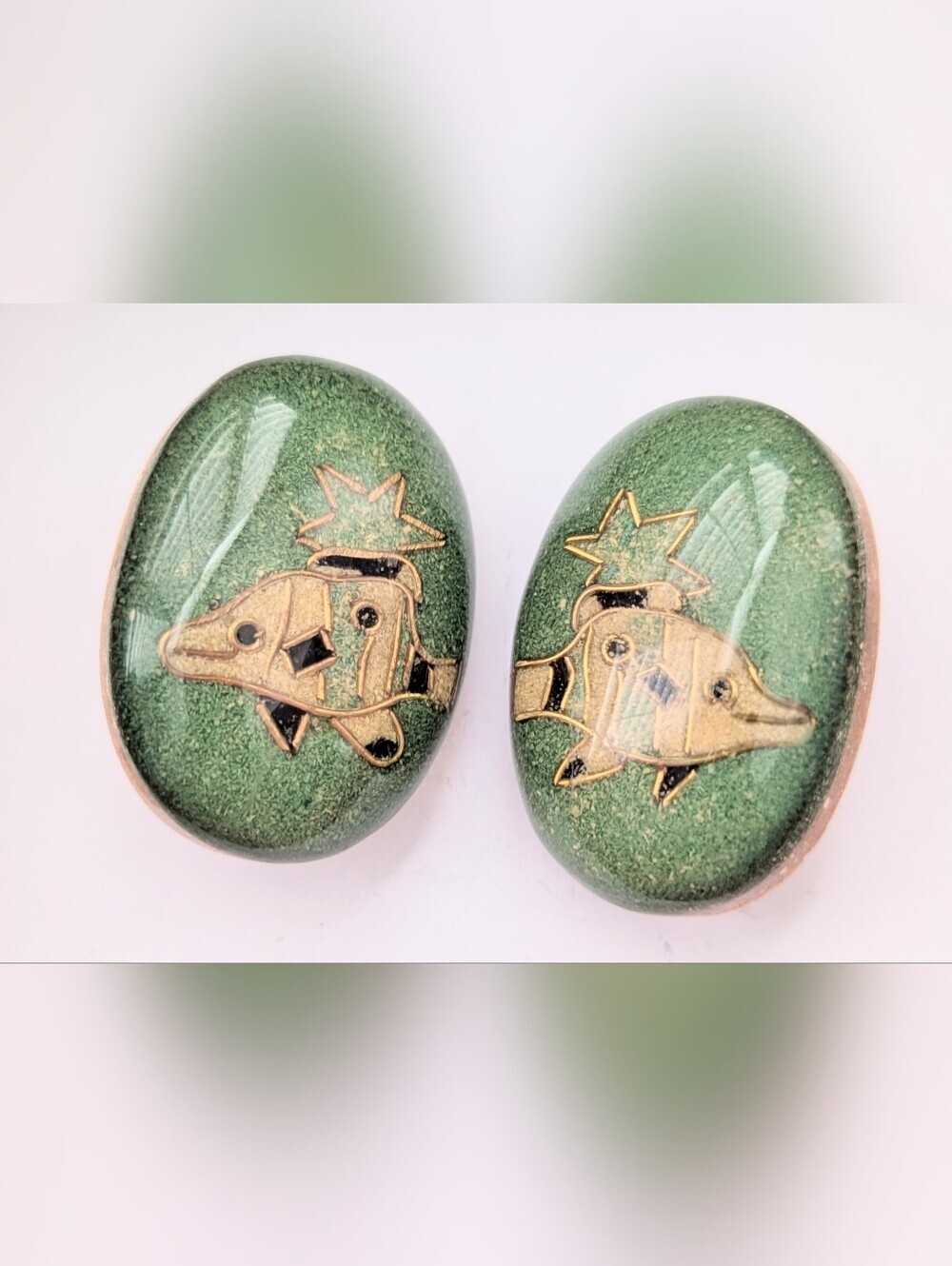 Oval Shaped Green and Gold Clip-On Earrings with Fish Motif